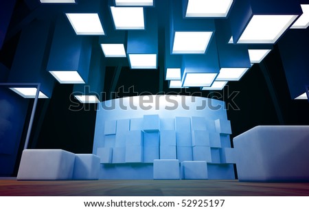 Art gallery with blank frames, modern building, conceptual architecture in blue colors