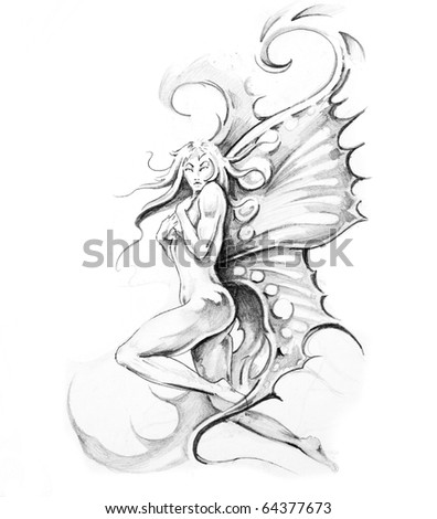 stock photo Sketch of tattoo art fairy