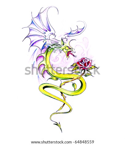 stock photo Sketch of tattoo art dragon and rose