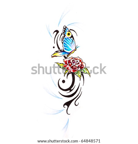 stock photo Sketch of tattoo art butterfly with rose