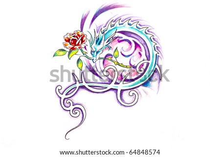 stock photo Sketch of tattoo art dragon with rose