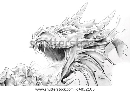 stock photo : Tattoo art, sketch of a medieval dragon