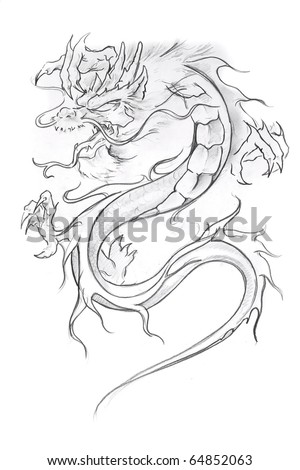 Medieval tattoo stock photo : Tattoo art, sketch of a medieval dragon
