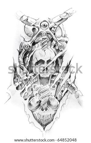 stock photo Tattoo art sketch of a machine and skull