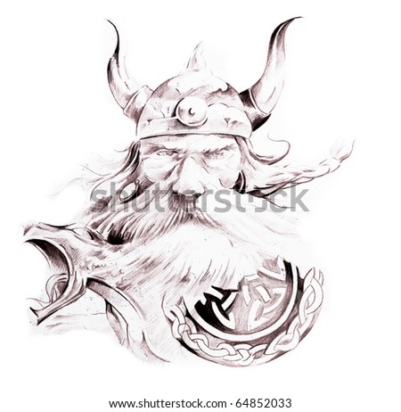 stock photo Tattoo art sketch of a viking
