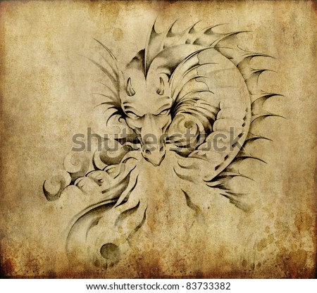 stock photo Tattoo art sketch of a dragon over dirty background