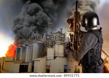 Industry security, armed police wearing bulletproof vests