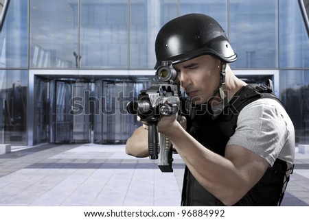 Military defending a business building