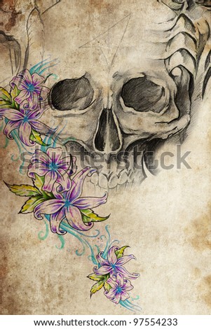 stock photo Tattoo design with skull with flowers on old paper