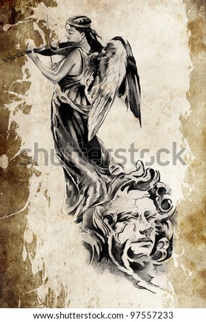 stock photo Tattoo angel playing the violins over vintage paper