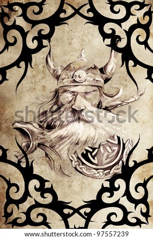 stock photo Tattoo art design viking warrior decorated with tribal 