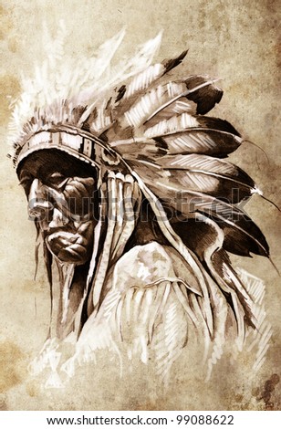 Indian  on Sketch Of Tattoo Art  Indian Head  Chief  Vintage Style Stock Photo