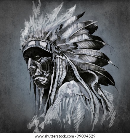 Image Arts Photography on Art  Portrait Of American Indian Head Over Dark Background Stock Photo