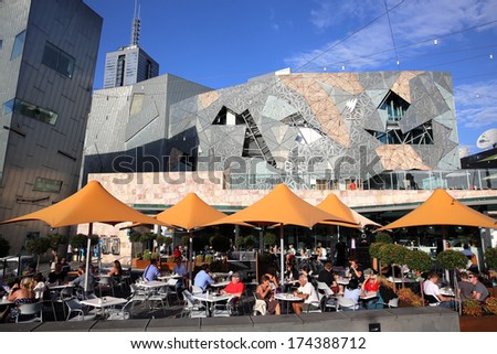 MELBOURNE, AUSTRALIA - JANUARY 11, 2013:  Federation Square in the Heart of Melbourne on January 11, 2013. Its a popular place for tourists and local people.