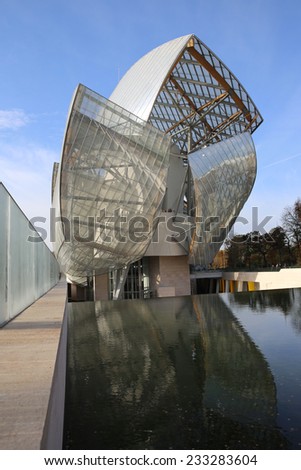 PARIS, FRANCE - NOVEMBER 22, 2014: The Building of the Louis Vuitton Foundation in Paris. This Building was opened at October 2014 and is the new Attraction in Paris