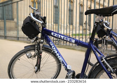 PARIS, FRANCE - NOVEMBER 23, 2014: Police Bicycles in front of the Louvre in Paris. France