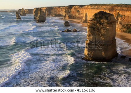 Twelve Apostles rock formation on coastline as seen from the Great Ocean Road, Australia