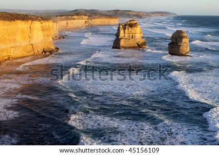 Twelve Apostles rock formation on coastline as seen from the Great Ocean Road, Australia