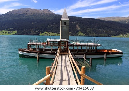 Flooded tower of the Resia Lake Church. Alto Adige. Italy