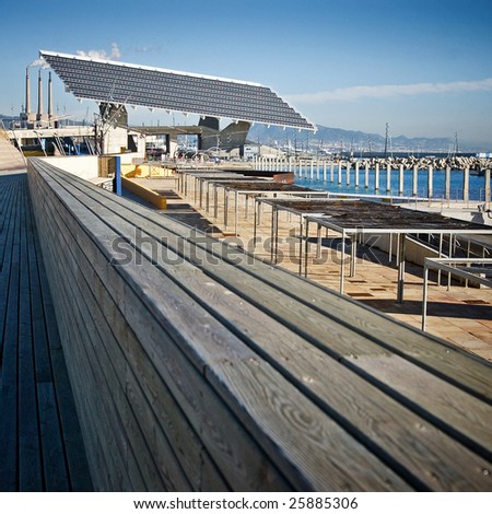 Solar battery at Barcelona pier. Hi-tech natural power station.