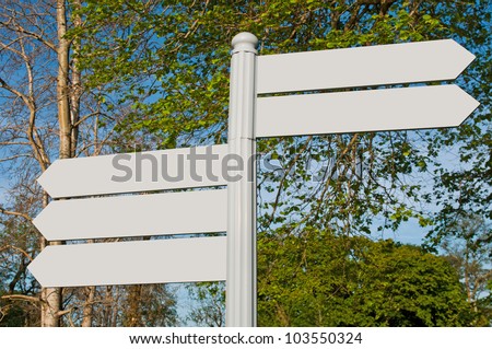 empty multidirectional sign against a nature background (boards isolated on grey)