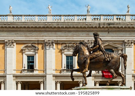 ancient bronze Roman Equestrian Statue of Marcus Aurelius in the Campidoglio, Rome, Italy.
