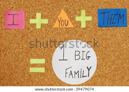 peace,union and frienship concept (I, You, Them, Big Family) on a corkboard with color notes