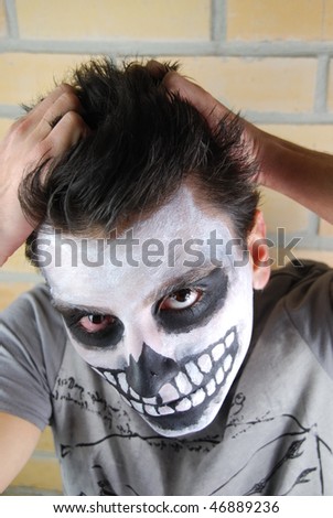 frustrated skeleton guy, portrait of a creepy skeleton guy perfect for Carnival (brick wall background)