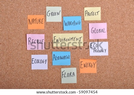 environment concept with keywords written on colorful note papers (bulletin board)