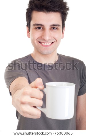 smiling casual man holding coffee/tea mug (isolated on white background) - stock photo