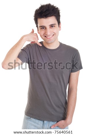 smiling casual man showing call me gesture isolated on white background - stock photo