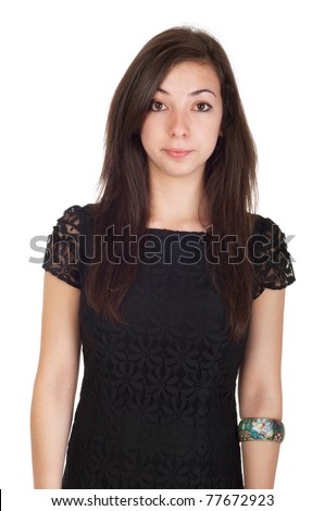 stock photo serious 18 years old young woman in black dress ready for 