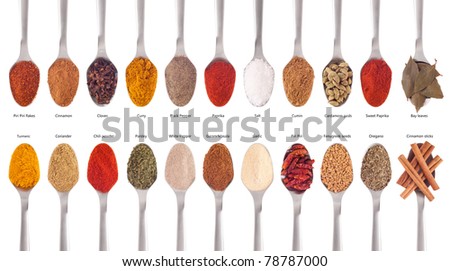 collection of 22 spices on spoons (cumin, coriander, curry, paprika, chili, piri piri, cinnamon, fenugreek, cardamom, oregano, parsley, garlic, salt, cloves, garam masala, bay) isolated on white
