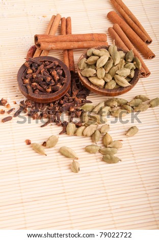 gorgeous setting with cooking spices and herbs (cloves, cardamom pods, cinnamon sticks) on a wooden mat