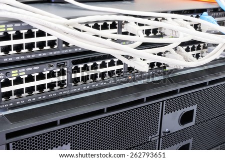 Rack mounted network equipment connected with patch-cords
