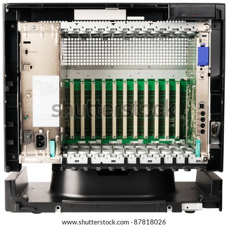 Phone switch system front view chassis without front cover, isolated on the white