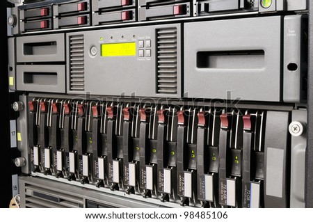 Rack mounted blade servers, system storage and tape library