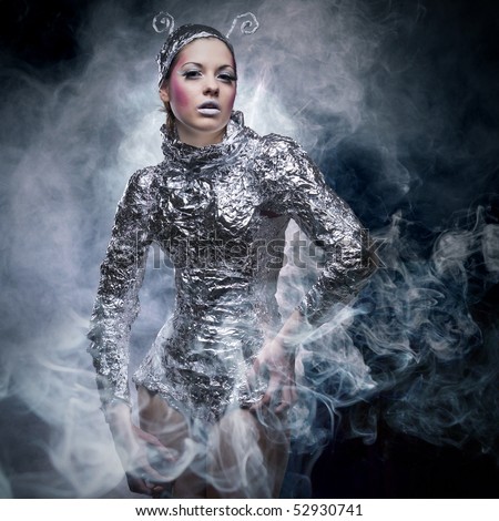 portrait of fantasy cyborg girl in smoke
