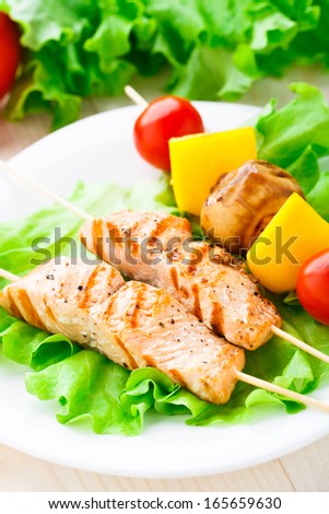 Grilled salmon and vegetable skewers