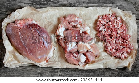 Pork meat set: whole piece, sliced meat and minced