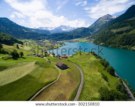Lake Sarnersee, view from drone, Switzerland. Max aperture to maintain stability in the air