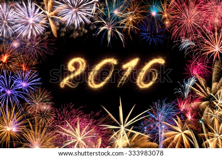 A colorful fireworks border  on a black background with sparkling text 2016.