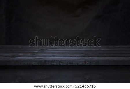 Dark wooden board table for product display montage, black wooden perspective interior