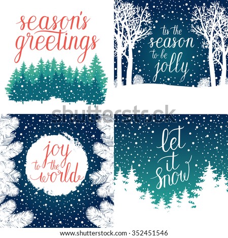 Merry and Bright Christmas, Happy Holidays, Happy New Year greeting cards set. Vector winter holidays backgrounds with hand lettering calligraphic, Christmas tree branches, snowflakes, falling snow.