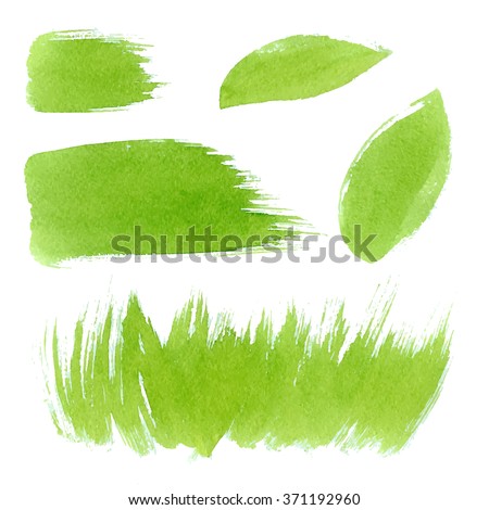 Vector green watercolor natural, organic, bio, eco labels and shapes, strokes, grass on white background. Hand drawn stains set.
