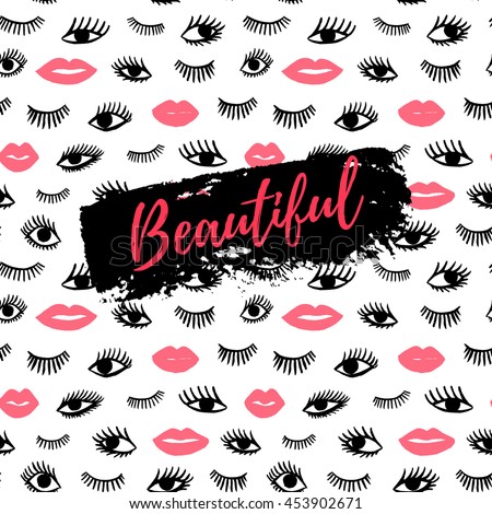 Beautiful greeting card, fashion poster. Hand drawn eye, pink lips doodles seamless pattern in retro style. Vector beauty illustration of open and close eyes for cards, textiles, backgrounds.