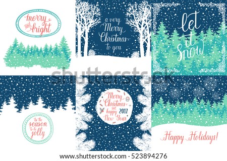 Merry and Bright Christmas, Happy Holidays, Happy New Year greeting cards set. Vector winter holidays backgrounds with hand lettering calligraphic, christmas tree branches, snowflakes, falling snow.