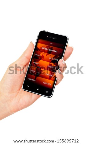 hand holding mobile phone with bank account screen over white background