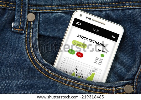 mobile phone in pocket stock exchange screen