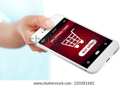 hand holding mobile phone with  shopping cart isolated over white background